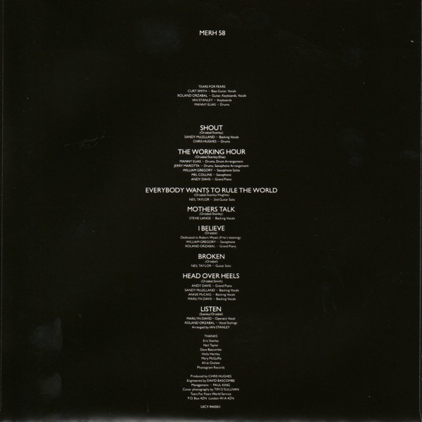 inner sleeve back, Tears For Fears - Songs From The Big Chair +20